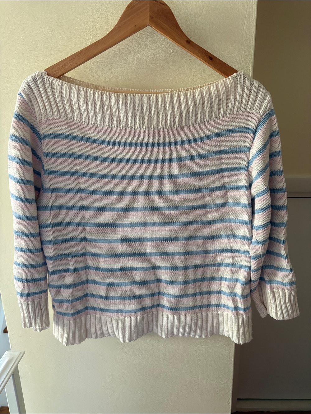 Off-the-Shoulder Striped 100% Cotton Sweater in White, Blue & Pink